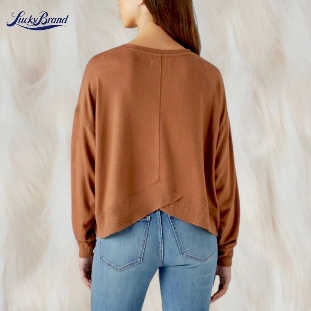 LUCKY BRAND Cloud Jersey Exposed Seam Relaxed Long Sleeve Top-Caramel/Lg/NWT